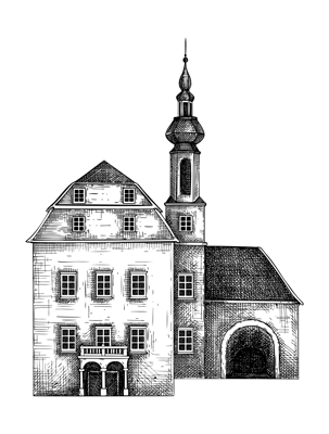 European architecture sketch. Traditional old building, castle drawing. Vintage style mansoin house hand-drawn vector illustration. Architectural design element.  NOT AI generated